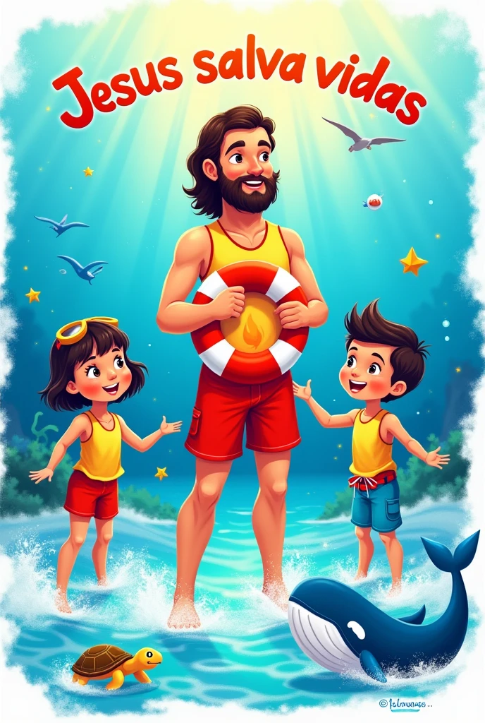 Create a print art for a children's blouse.
This print must have the theme written in Portuguese "Jesus saves lives".
Add the drawing of Jesus dressed as a lifeguard, and with a buoy in the sea with two cute children, add animals like turtle, whale.
OBSERVATION: Jesus and the animals and the children need to be in drawing. I want Jesus without glasses, the theme needs to be on top, I don't want anything on Jesus' shirt. I want the drawings , Jesus needs to be at sea with the children, and the little animals.
The theme in Portuguese