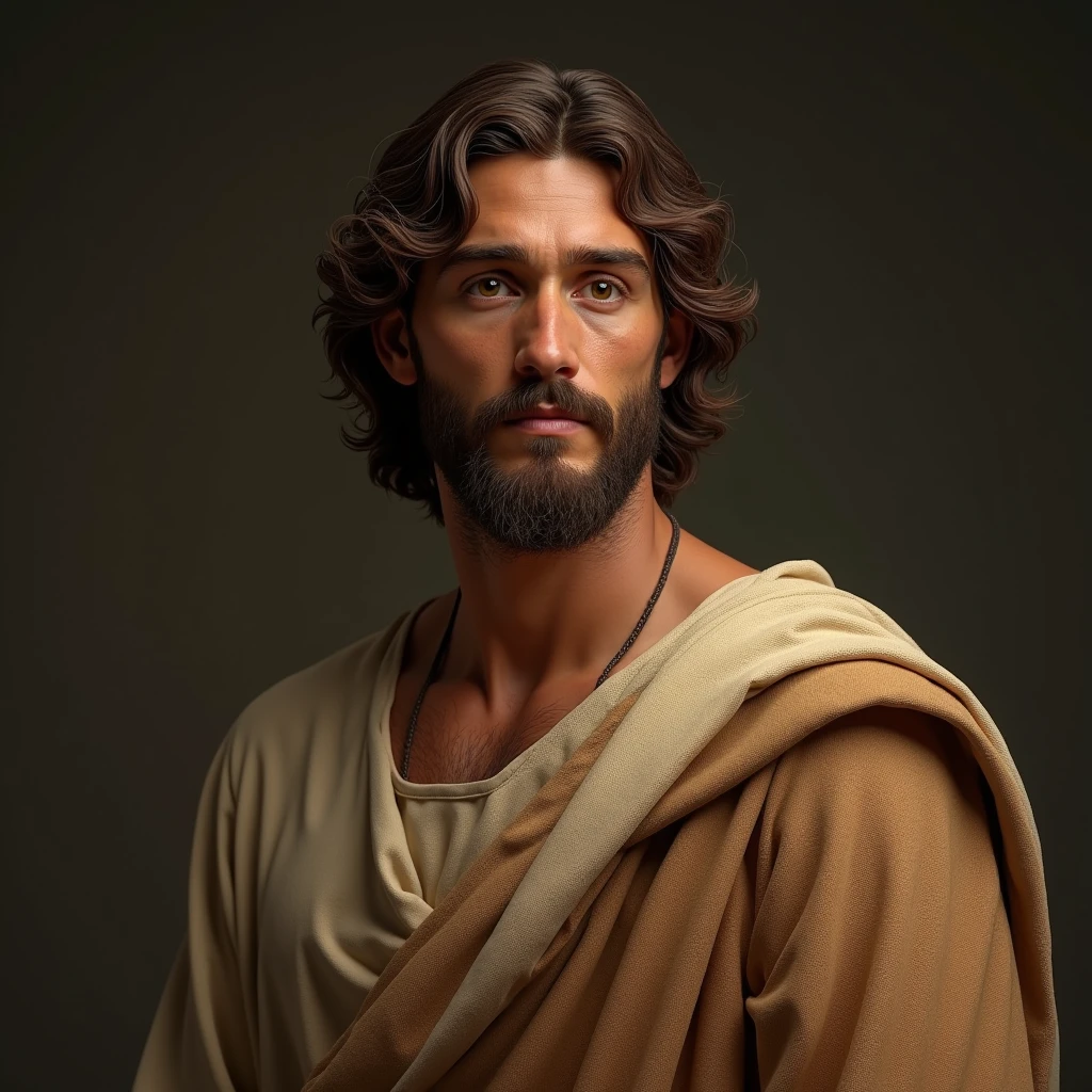 Create an image of Jesus Chris, at 30 years of age, ultra realistic, 4k, dressed in a tunic, looking straight ahead with a serene,
