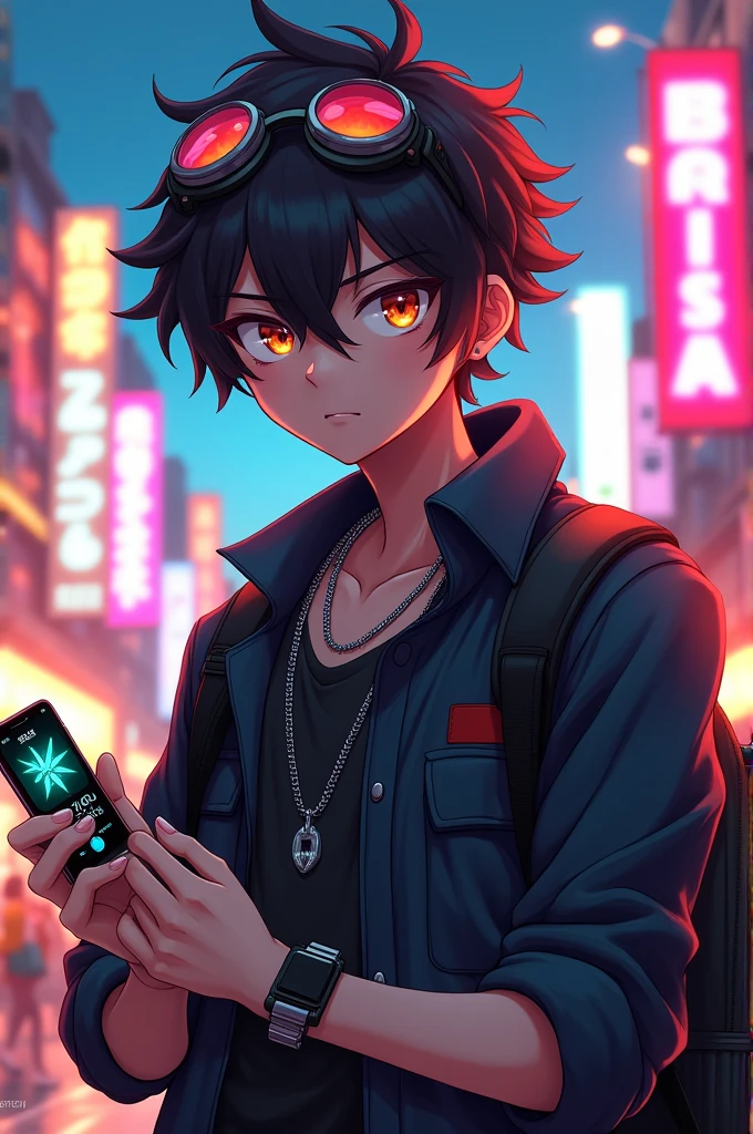 Handsome anime boy add smart watch add bag add goggles👓 add eyes fire flow add silver fashion chain in neck add