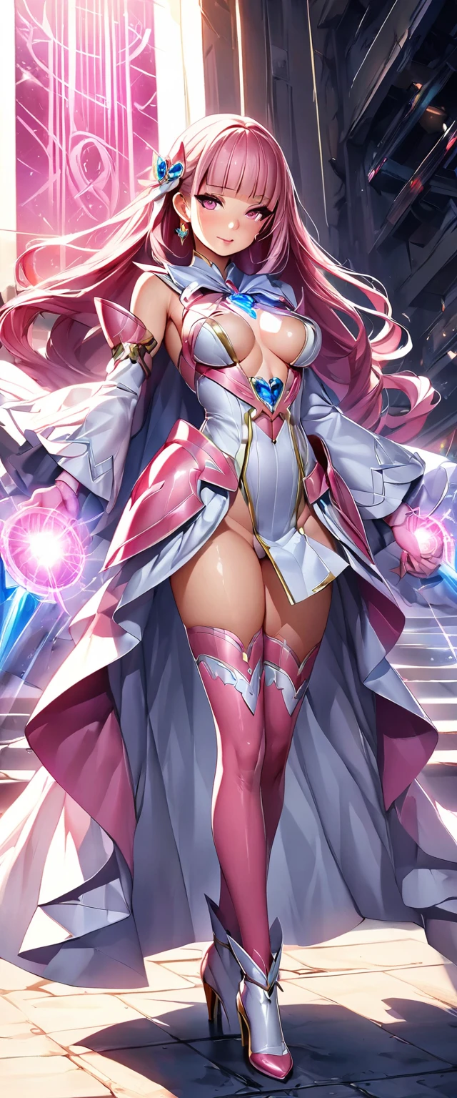 (Perfect Anatomy)、Mastepiece、Ultra High Quality、 8k、masterpiece、Highest quality、Ultra-high resolution、Maximum resolution、Very detailed、Professional Lighting、anime、woman、thin、so beautiful、Highly detailed eye、Highly detailed face、Golden earrings、Pink Hair,、Pink eyes、Detailed costume patterns、Mid-chest、Blue jewel on chest, makeup, eyeliner, eye shadow, pink cheek, pink lips, upper arm pink armor, white leotard, pink pattern, full body, magical girl, Angel Girl, Are standing, pink thigh high stockings, white super long boots, pink gauntlet, high heels, blunt bangs, Hime cut, bridal hair accessory, paladin robe, Cloaked in a rainbow-colored light, Gathering energy in hands, enraged, Random Pause、