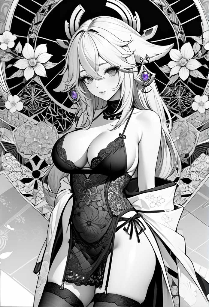 Yae Miko, genshin impact, absurdres, highres, ultra detailed, ultra-detailed background, detailed background, extremly detailed, 1girl,bunch of flowers, (zentangle:1.2), (geometric:1.2), black and white color palette, monochromatic, big breasts, cleavage, sideboob, lingerie, realistic depiction, thigh highs,