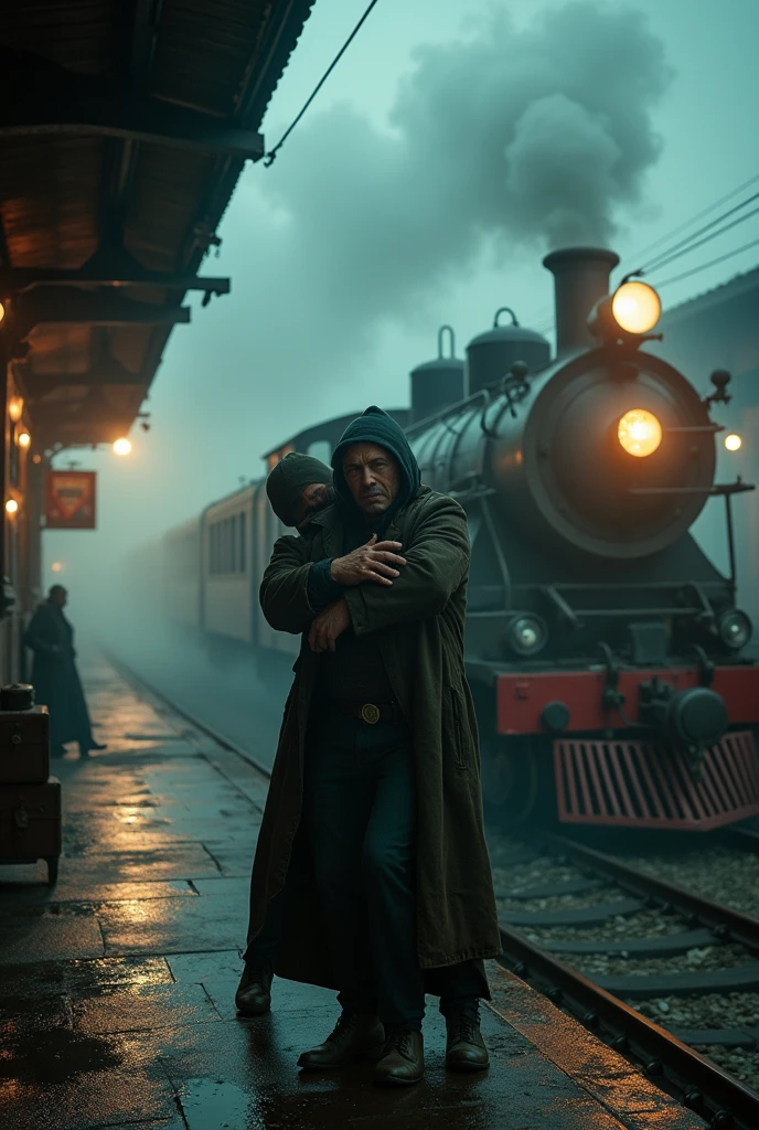 At a train station, Shrouded in a thick mist and the insistent whistle of the locomotive, The narrator and the hunchback face each other. The narrator, with bloodshot eyes and face contorted with anger, He holds the hunchback tightly by the neck. The station, con sus vías relucientes y las sombras alargadas proyectadas por las Headlights, It is the scene of this duel to the death. The Hunchback, with a defiant expression on his distorted face, struggle to break free, while his hump stands out grotesquely against the darkness. At the bottom, The steam train roars imposingly, ready to go. The tension is palpable, the air is charged with electricity. Madness is reflected on the narrator's face, the obsession and desperation that have brought him to this point.
Key elements for illustration:
Environment: A vintage train station, with an atmosphere of mystery and tension. Fog and shadows create an oppressive atmosphere.
Characters: Both characters must show signs of struggle: the narrator with a red face and swollen veins, the hunchback with the scratched face and torn clothes.
action: The movement must be dynamic, transmitting the violence of the confrontation. The narrator estrangulando al jorobado debe ser el punto focal de la imagen.
Details: Objects of the station (suitcases, posters, Headlights) can add realism and depth to the scene.