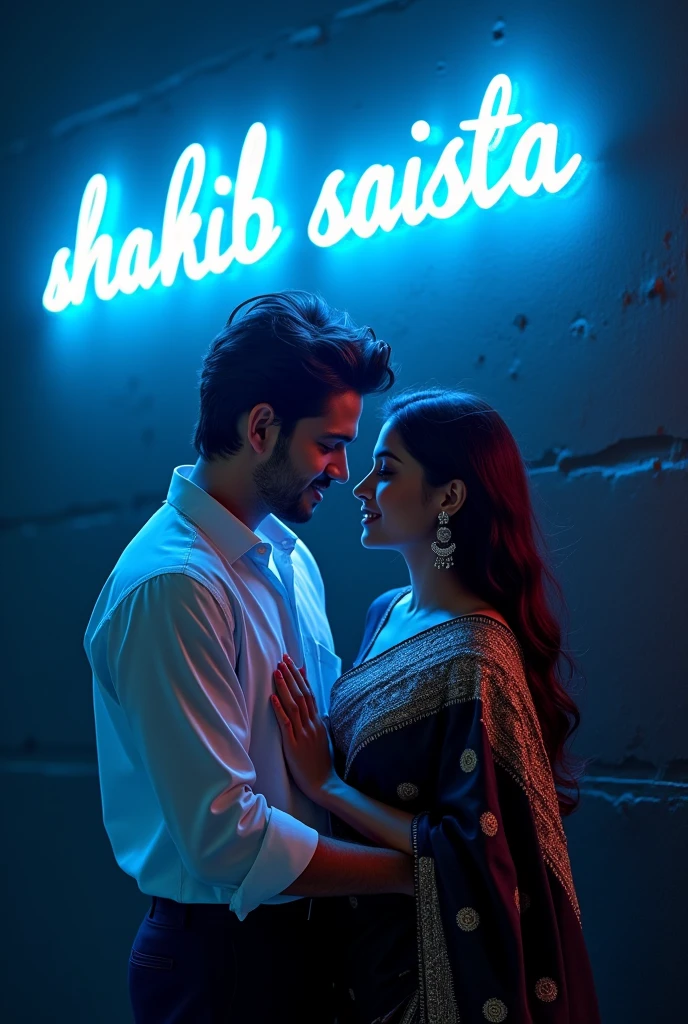 Create a 3d illustration picture where a young handsome boy and beautiful girl (around 20 years old). the boy pressing her Breast. the boy wearing white shirt and girl wearing black saree. Behind him, a vibrant blue neon sign spells out "shakib saista" in a bold, futuristic font against a deep charcoal wall.