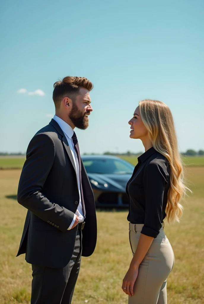 35 year old American man, bonitas,stark, in a suit, nun dress, BUSINESSMAN, well-cut brown hair, well groomed beard, well trimmed in gradient.

arguing with a 25 year old girl, blonde, cabelos longos bonitass, the young woman wears a black blouse and beige tailored pants.

They are in a field, in the background there is a black supercar parked.
The man yells at the woman, she looks at him defiantly