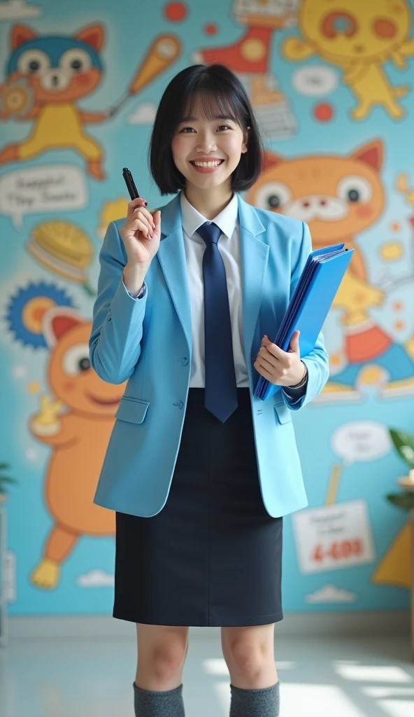 The young woman short black hair wear a light blue suit, white shirt, dark blue necktie, glasses, black pencil skirt, black underpants, dark grey socks, new balance 530 white sneakers.

Her left hand holds a blue file book, Her right hand holds a black pen, Her eyes are dazzled and smiled, cartoon novel, 4K, HD