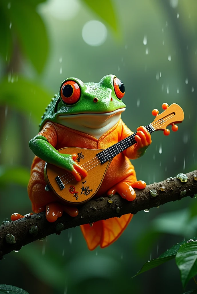 On a branch in the rainforest,Light rain,Morning dew sparkles,A fat tree frog playing the biwa,The frog is wearing an orange Chinese dress,Ultra-realistic,high resolution,It's on a branch