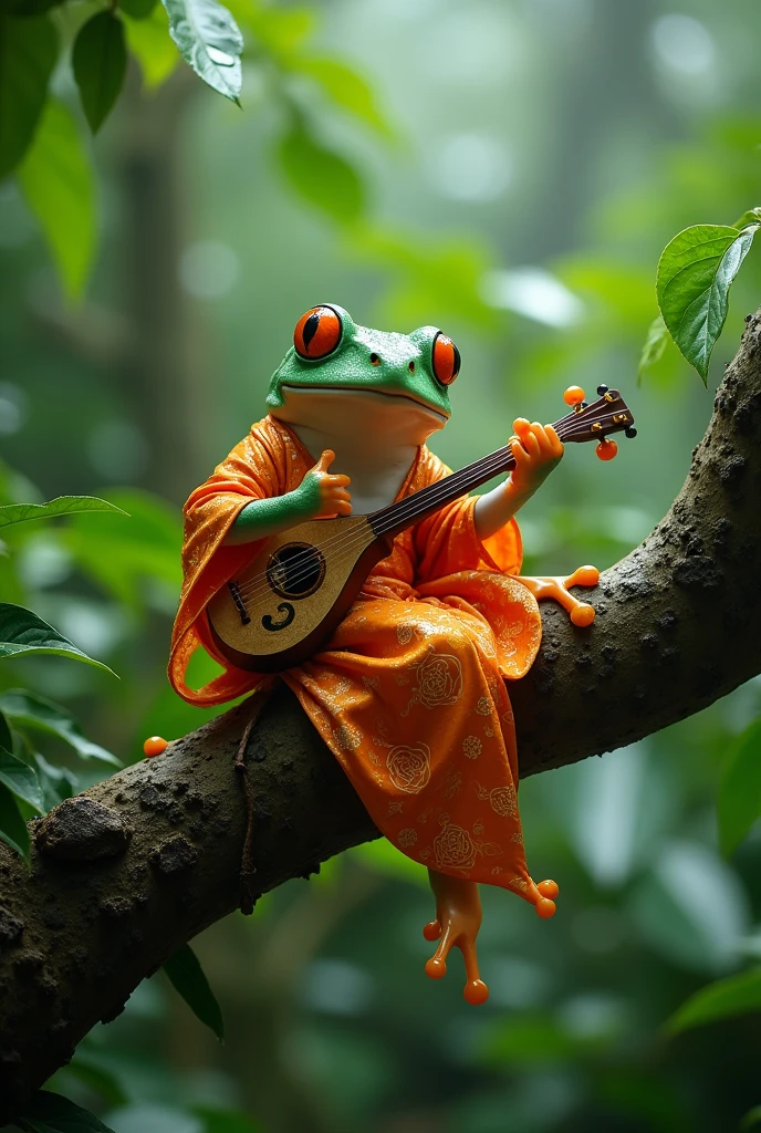 On a branch in the rainforest，Light rain，Morning dew sparkles，A fat tree frog playing the biwa，The frog is wearing an orange Chinese dress，Ultra-realistic，high resolution，It&#39;s on a branch