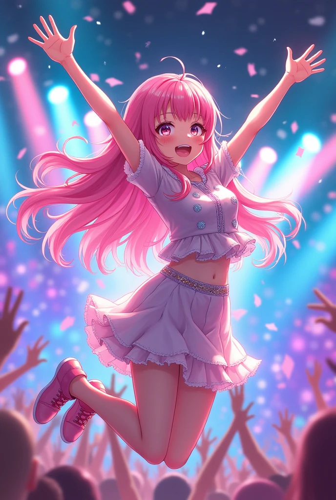 Anime girl with two pink wavy hair on both sides jumping idol turns to the side raising arms