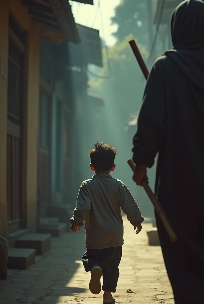 a asian muslim mother holding a bamboo stick chasing her small asian muslim child with an angry face. The mother from back chase the boy. , the boy running away with fear face, detailed facial features, dramatic lighting. Running effect, cinematic composition, moody atmosphere, high contrast, photorealistic, award winning photograph, 8k, HDR. 1980 timeline