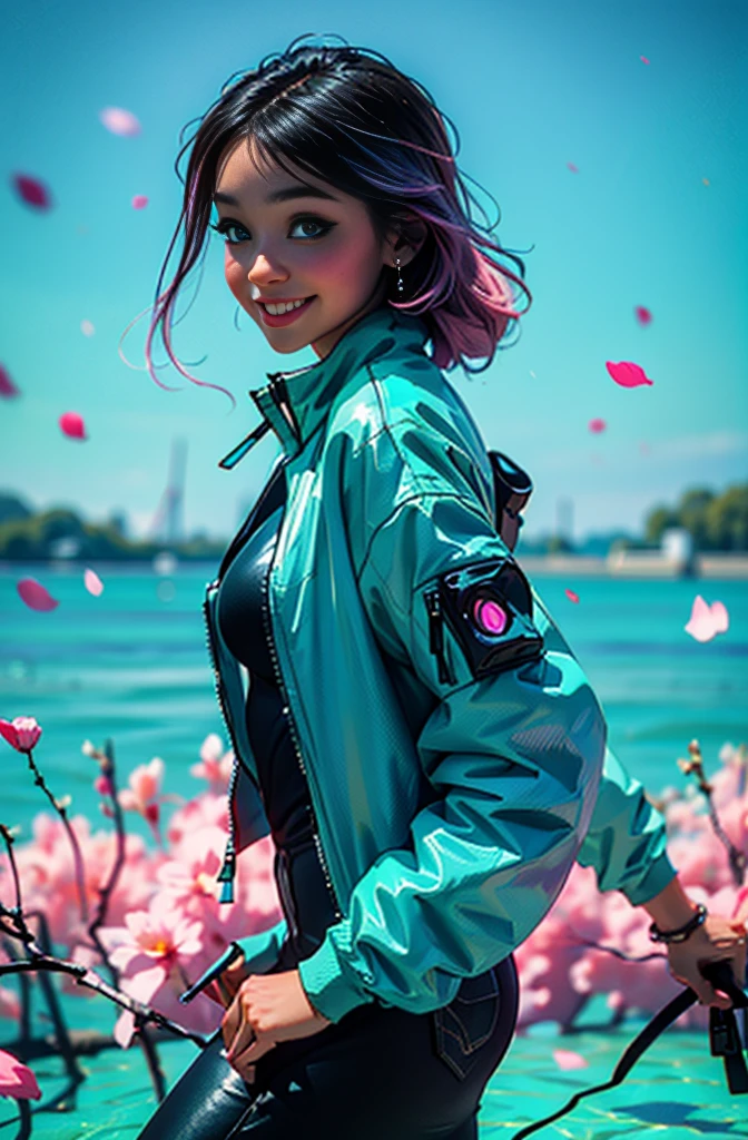 cyberpunk female woman wearing (turquoise Jacket with chromatic accents:1.1), sleek pink and White full bodysuit, side view turning to face camera, (Petal Blush, Lagoon Blue color background:1.3), amazing smile, looking at camera, neon lights 