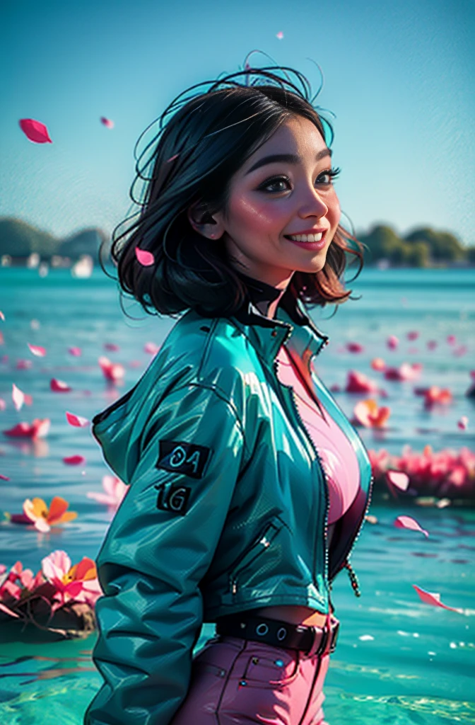cyberpunk female woman wearing (turquoise Jacket with chromatic accents:1.1), sleek pink and White full bodysuit, side view turning to face camera, (Petal Blush, Lagoon Blue color background:1.3), amazing smile, looking at camera, neon lights