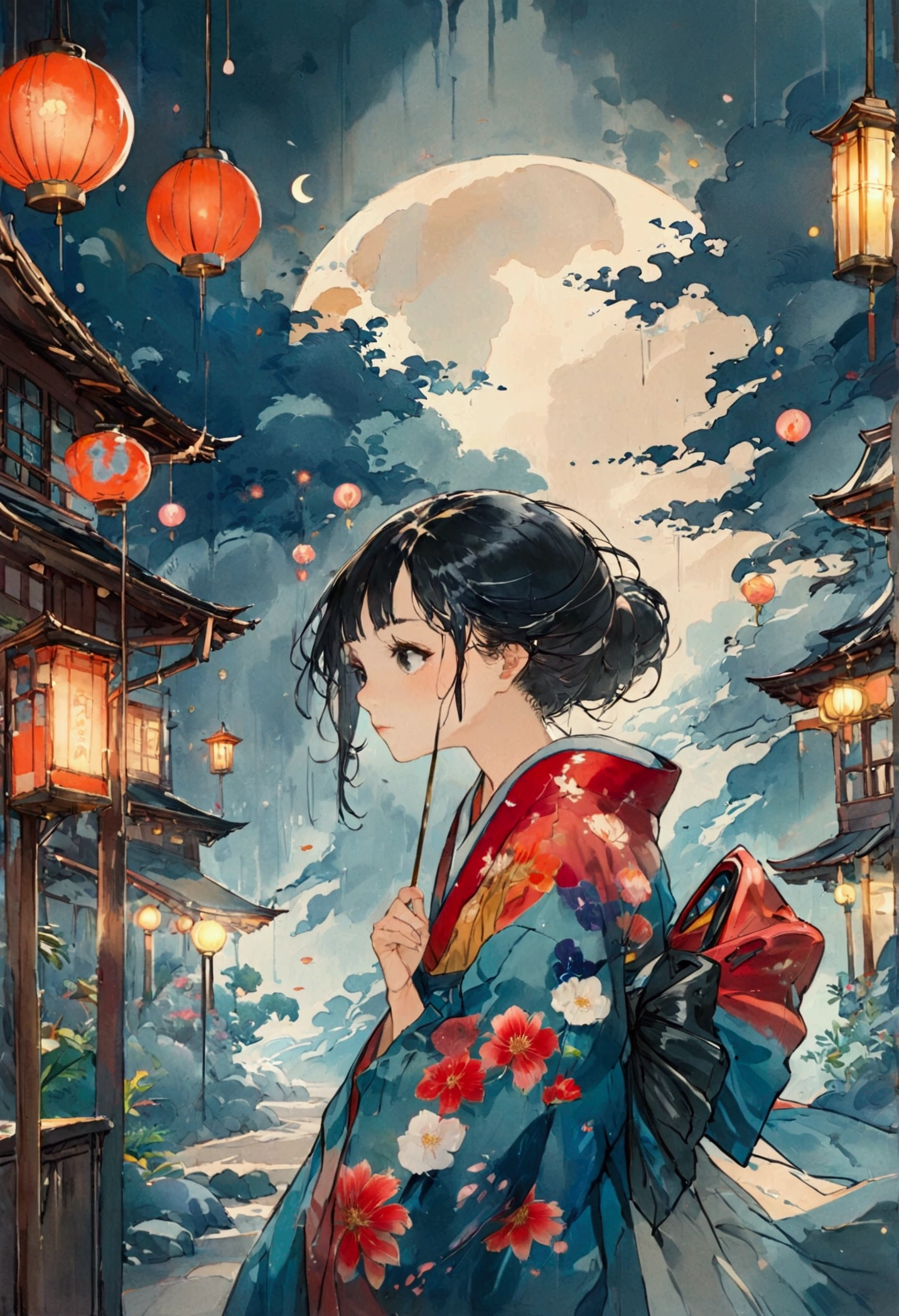 Studio Ghibli style、Under the crescent moon、New Orleans street corner、Beautiful Japanese woman in a kimono leaning against a gas lamp