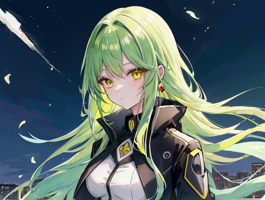 a girl with long dark green hair, yellow eyes,hair behind ear, アニメ, アニメ style, uhd, masterpiece, accurate, anatomically correct, super detail, high quality, high details, award winning, highres, best quality, 8k,
Suit，Chill，Bleak，field，Winter