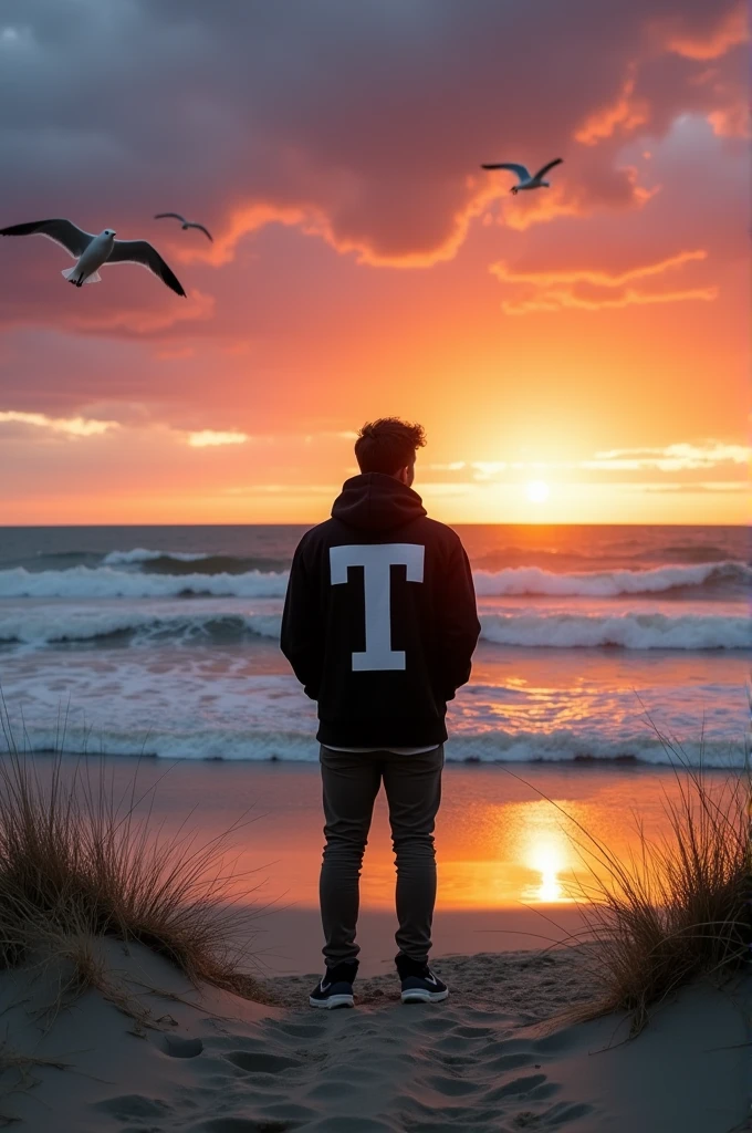 A man stand on beach and see beach with wear black colour hoodie text with T