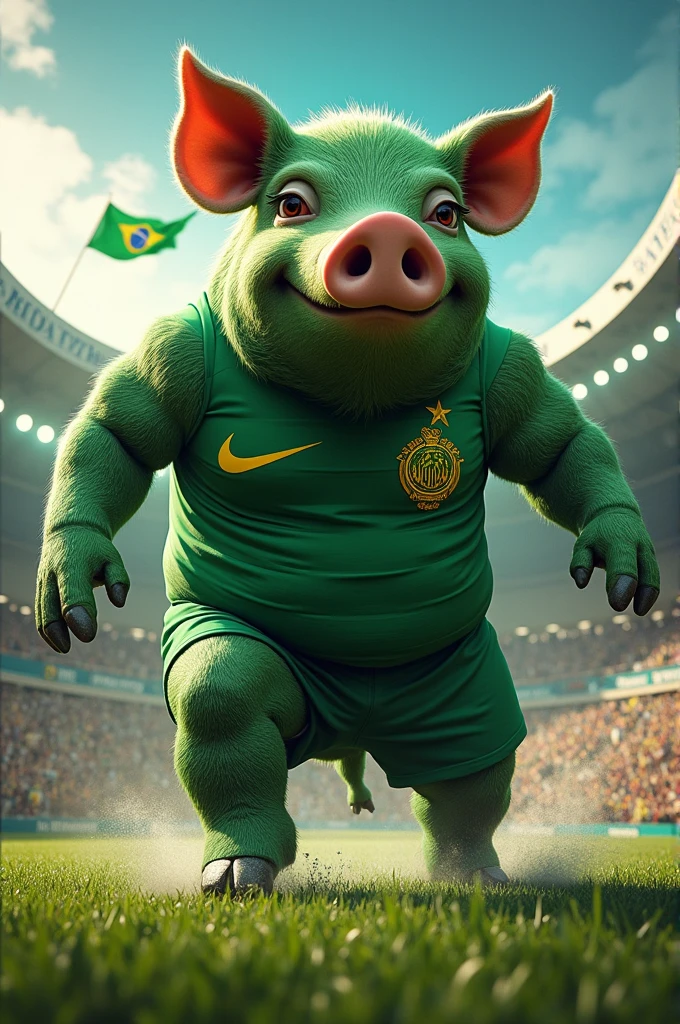 Create a very strong green pig with the Palmeiras team shirt destroying the lonely star of Botafogo regatas