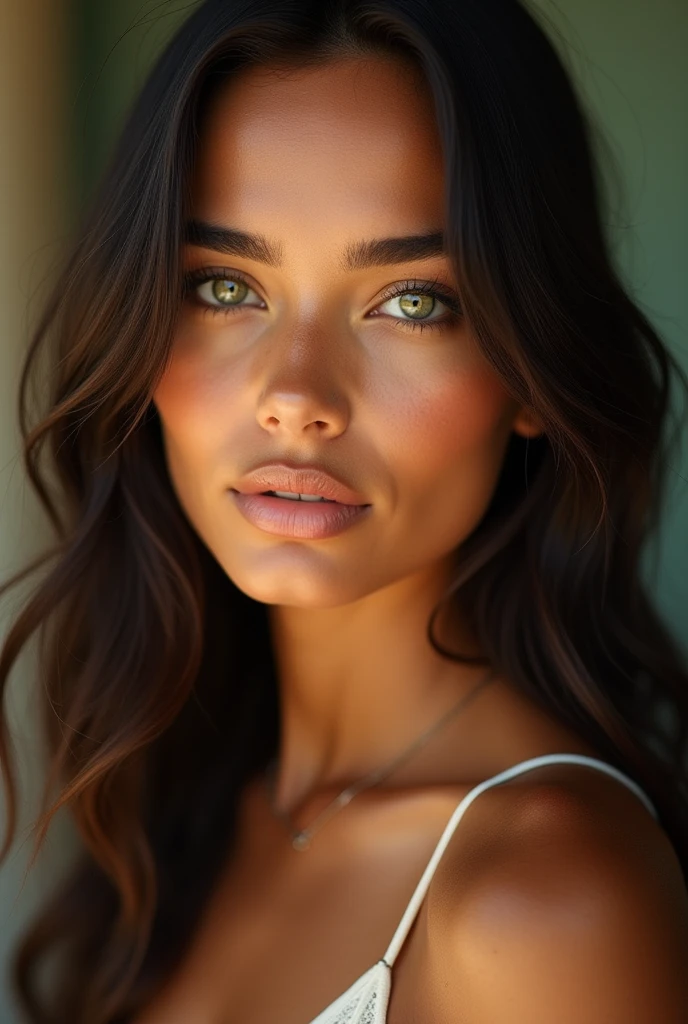 The face of a young woman in her 20s, with tanned skin and green eyes, very black, very straight hair. With thin eyebrows