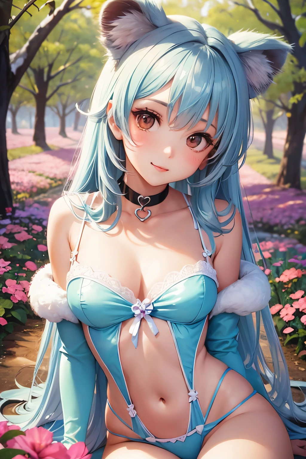 A cute and beautiful girl in a koala costume with a heart-shaped choker, in a beautiful flower field
