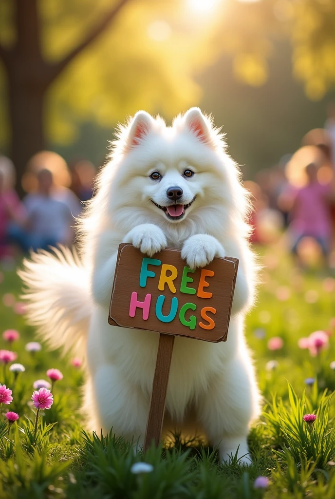 Create a very realistic Samoyed dog holding a sign in his hand that says free hugs
