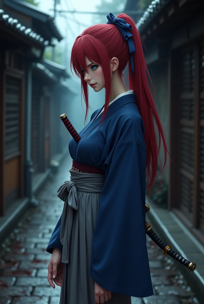Anime, kimono, Japanese woman, blue eyes, red hair, long hair, ponytail, gray hakama, blue clothes, Japanese sword on left hip, large breasts, blue ribbon hair clip, night, very dark city of Kyoto, lots of blood splattering all over her body like a waterfall, Hitokiri Battousai, face looking down, biting lower lip, no sparkle in eyes, standing, anime