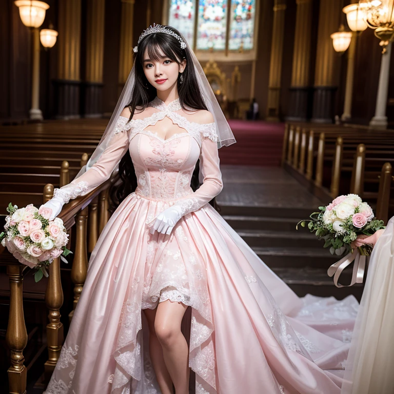 wear wedding gloves, best quality, Delicate face，beautiful visual work, lifelike, eternity, black hair, Long curly hair, blunt bangs, Smile, Detailed Background, Delicate face，pink blush，cold，((masterpiece))、(top quality)、8k、high detail、Super detailed，31 years old female，Seductive and whimsical style、masterpiece、born、Scenes resembling fairy tale illustrations、Intricate details and complex designs、Beautifully、magic、capricious、 Beautifully、Dream aesthetics、「𝓡𝓸𝓶𝓪𝓷𝓽𝓲𝓬、ethereal、charming、fickle、magic」、Realism、Visual effects、FXAA、SSAO、Shaders、voiceless、ambient lighting、Tone mapping、High resolution、Ultra high quality、Million pixels、(8K resolution:1.10)、8k、Below 8K、8K resolution、high detail、intricate details， (high quality:1.2、masterpiece:1.2、:1.21)、(31 years old female:1.21)、(Smile excitedly)、(Surrounded by the dreamy atmosphere、Model diagram，full-body shot，Normal 2 feet，Don't show your fingers，wearing pink princess wedding dress, Don’t show your feet, big skirts, princess dress, wedding princess dress, ball gown wedding dress, bride, bridal veil,in the church，Holding flowers in both hands， long skirt, long sleeves,a bride, skirt covers feet, H CUP, Large Breasts, wear wedding gloves,