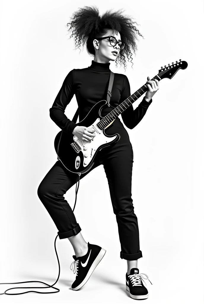 logo of white woman with curly hair tied up, with black square prescription glasses, wearing cap, playing black and white guitar, black turtleneck shirt dress, Nike jeans and sneakers