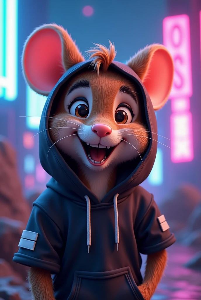 a male gamer mouse animal for vtuber, with black t-shirt and hood, The brown mouse with a white stripe in the middle, looking straight ahead, with open eyes and open mouth