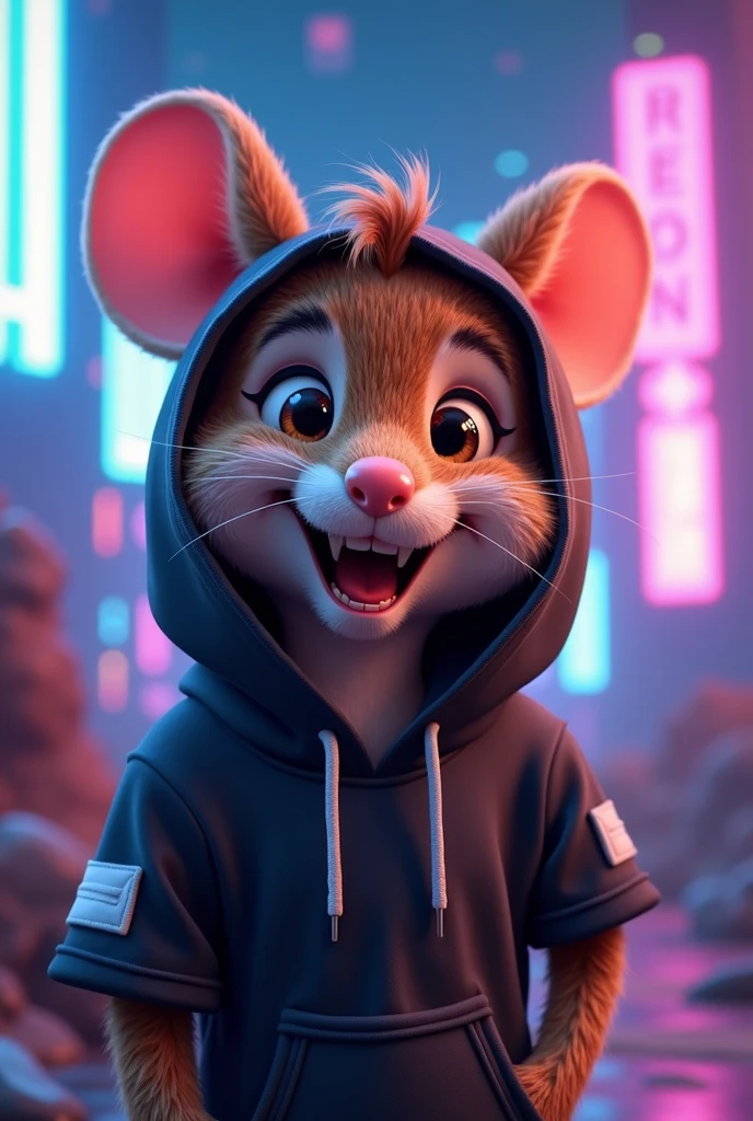 a male gamer mouse animal for vtuber, with black t-shirt and hood, The brown mouse with a white stripe in the middle, looking straight ahead, with open eyes and open mouth