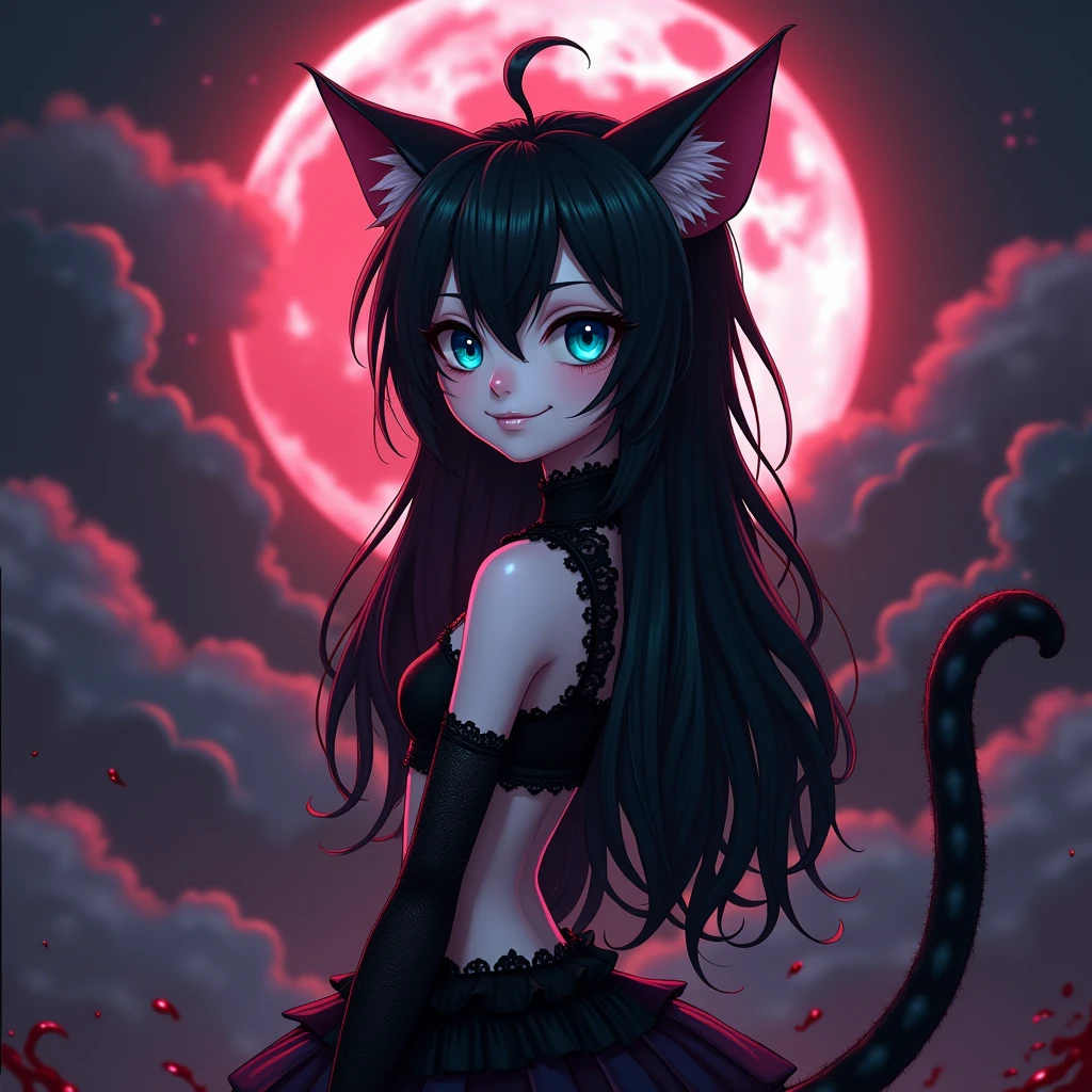 A sexy young male, long black hair, teal blue eyes. Gothic clothes. (Male) (no facial or body hair)) masterpiece, best quality, ultra-detailed, best shadow), (detailed background) (purple and black) pretty handsome. Sexy Cute. No facial hair. No body hair. Wink. Seductive. Sexy. Pale and white skin. Smirking. Anime style. Blood. Catboy. Sexy. Pink lips. SENSUAL. Purple and black gothic frilly clothes. Long lashes. Sexy pose. Shiny. Catboy. Seductive. Male. Shiny. Long boots. Delicate facial features. Kiss. Red moon. Fangs. Sexy male. Angelic facial features. Male. Make it male. Sexy pose. Blood pouring down from the sky. It's raining blood. Thunder. Red. Catboy 
