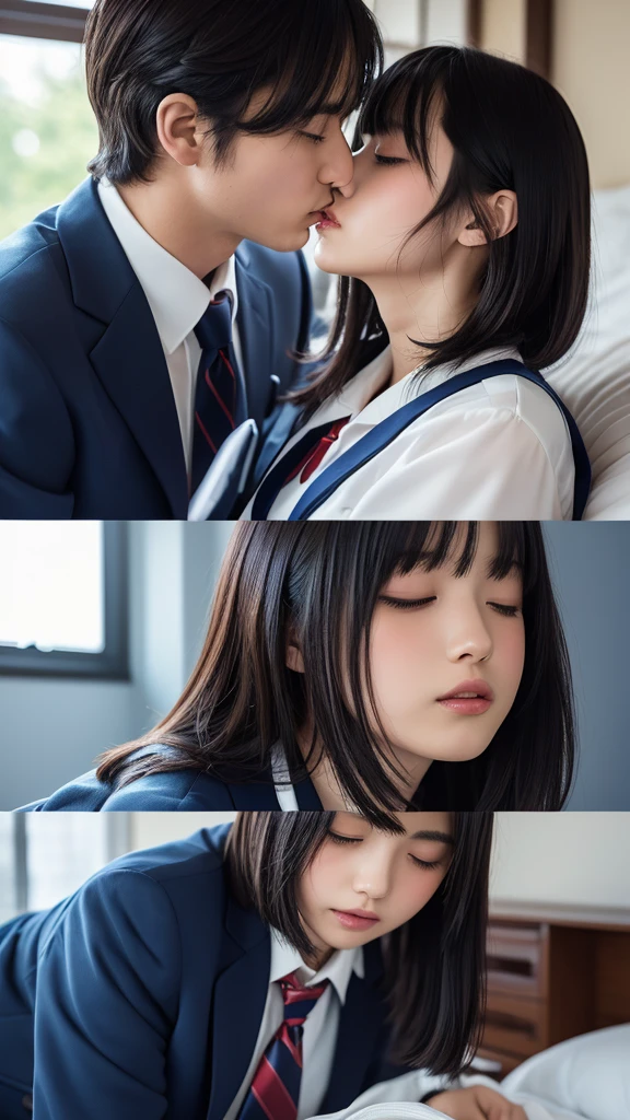 ((masterpiece, Highest quality, High resolution)), Japanese high school girl and 60-year-old man in a suit kiss、(Realistic: 1.4), Embarrassed、Closed eyes、close your eyes、Closed Mouth、Shut your mouth.、Great face,Glossy Lips、, short hair、(Beautiful Hair:1.5), Japanese High School Uniform、(Navy Blue Blazer、Navy blue jacket)、(White dress shirt)、(Red tie)、(Navy blue mini skirt、Beautiful legs)、((At the bed、Kissing a 60 year old man in a suit on the lips、kiss my lips))、Detailed and real fingers、Smooth, Highly detailed CG composite 8K wallpaper, High resolutionのRAWカラー写真, Professional photography, Light, BackLight, dream-like, impressive, Written boundary depth, (Face close-up:1.2)