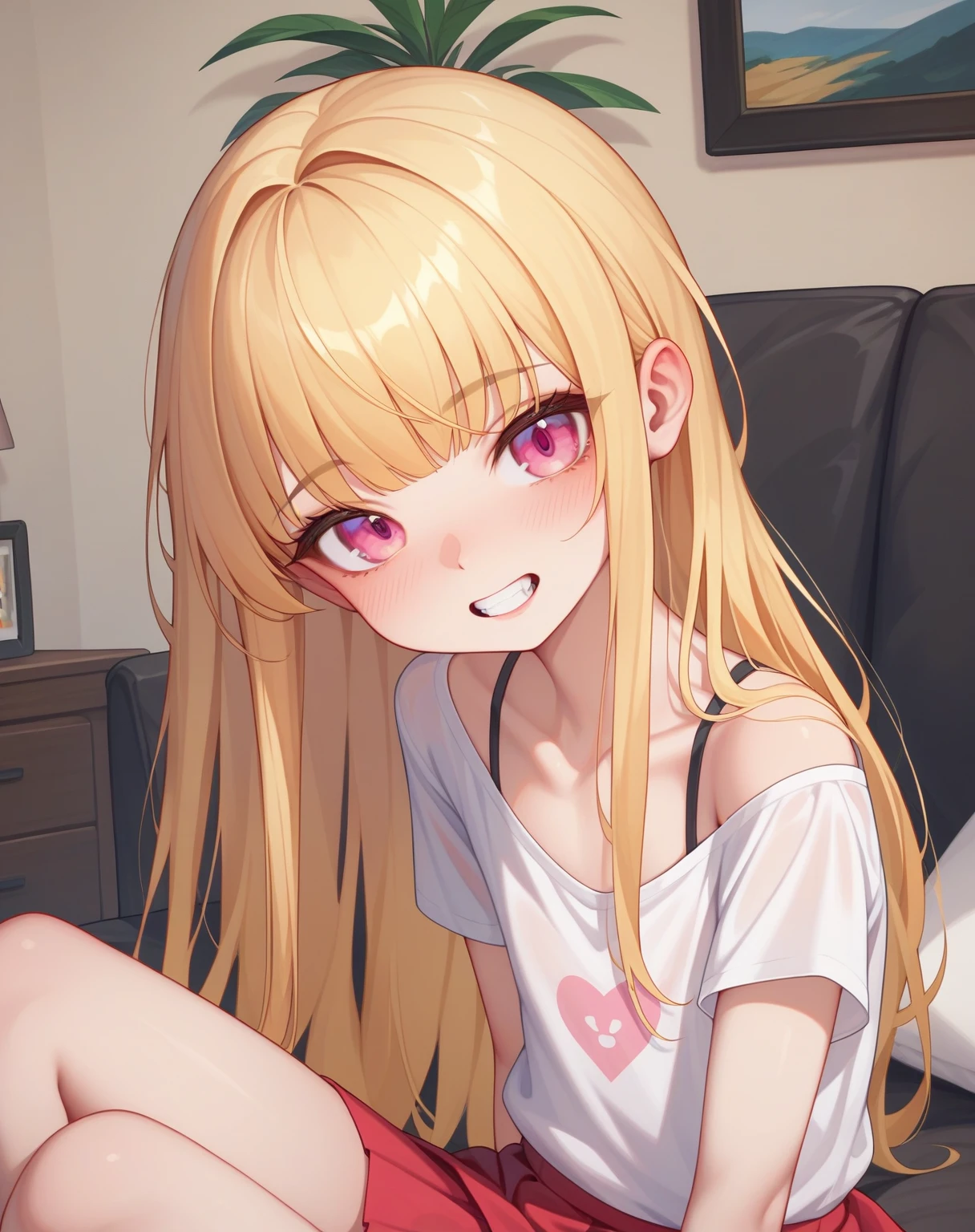 score_9,score_8_superior,score_7_superior,score_6_superior,score_5_superior,score_4_superior 、8k,Highly rated on Pixiv, Very naughty,Familiar attitude、Rely on the viewer、A man who looks like a young Japanese woman,White of the eye、Double teeth、Flat Chest、Broad shoulders、Golden hair color、Long Hair、Pink eyes、Heavy bangs、Baggy shirt、NSFW,In the living room、evening、skirt、superiorから、Face close-up