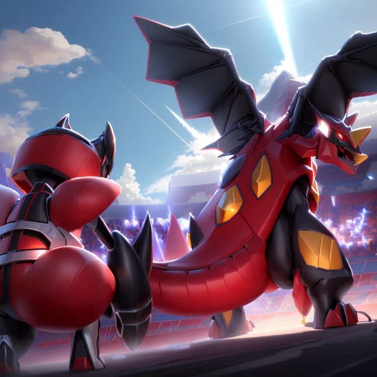 pokemon is standing next to a giant dragon in a stadium, giratina, colossal dragon in background, official art, new pokemon, pokemon sword and sheild, dialga the pokémon, intense battle, pokemon military drill, slifer the sky dragon, by Alexander Fedosav, mega legendary, pteranadon styling, pokemon fighting at world war 2, huge battle