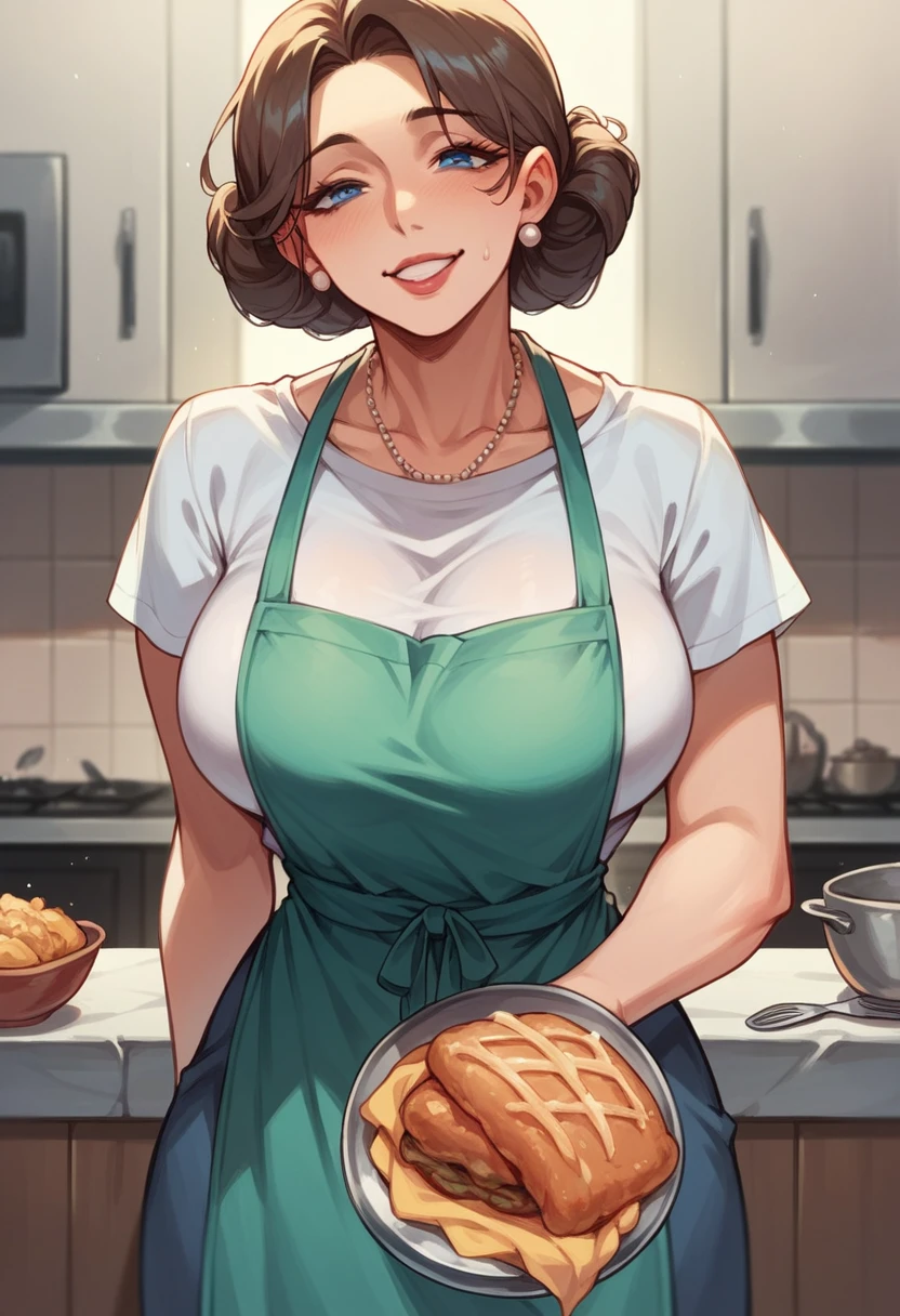 Busty , mom , in apron , blue eyes , horny face