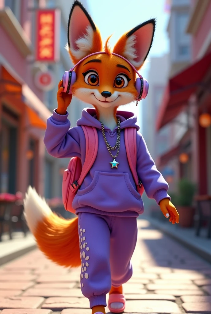 Create a 3D Disney Pixar style young fox named Fluffy. She should have vibrant orange fur with white spots on her belly and paws., with big, expressive eyes and cute ears. Cute should wear a cool and modern purple outfit:

vestimentas:

A purple sweatshirt set, with an oversized style Purple jogger pants coordinated with the sweatshirt, with contrasting fabric details.
Accessories to be included:
Wearing a stylish pink backpack A pair of large, colorful headphones, with shiny details.
A chain necklace with a star or heart pendant.
A smartwatch with a bright screen and a sports strap.
A pair of stylized sneakers, with vibrant colors and unique details.
Fashion sunglasses with mirrored frames.

Fofinha must have a casual and cool attitude, adjusting headphones or showing off sunglasses. The background should be a modern and vibrant urban environment, like a city street or a cool cafe, capturing the youthful energy and style typical of Disney Pixar.


