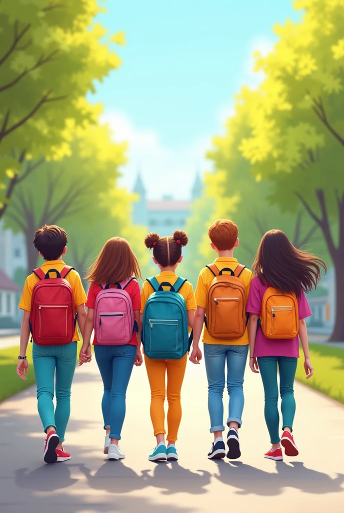 several students walking backwards with backpacks on their backs, transparent background