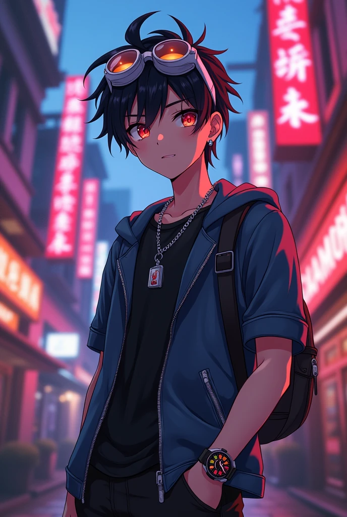 Handsome anime boy add smart watch add bag add atractiv lens goggles👓 add eyes fire flow add silver fashion chain in neck add