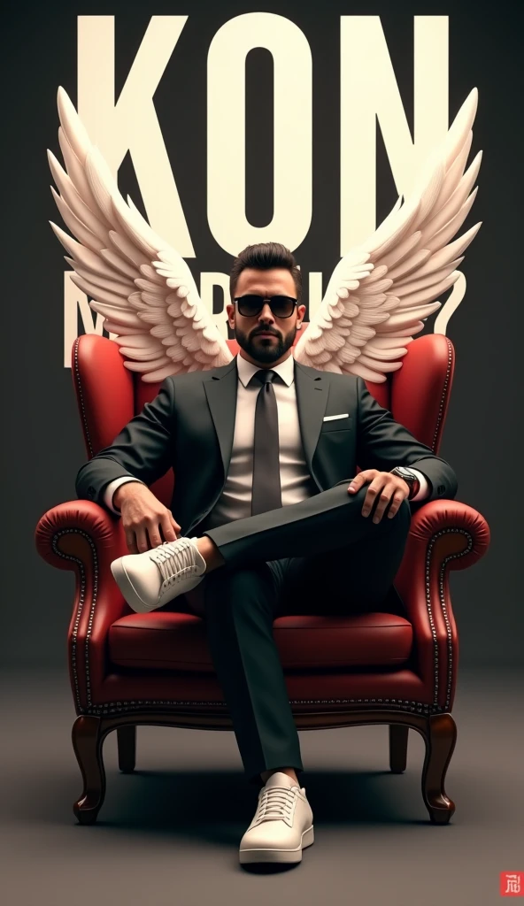 Create a 3D illustration for a profile picture where a 38 year old “Man”,With a Black suit, casually on a wings back chair, wearing sneakers a white,, the background features “Kon Murshid ?” in big and capital letters Boss Style font on the back wall, there should not be his shadow and there are wings to make it appear as if he is angel. full ultra realisitic qulaity