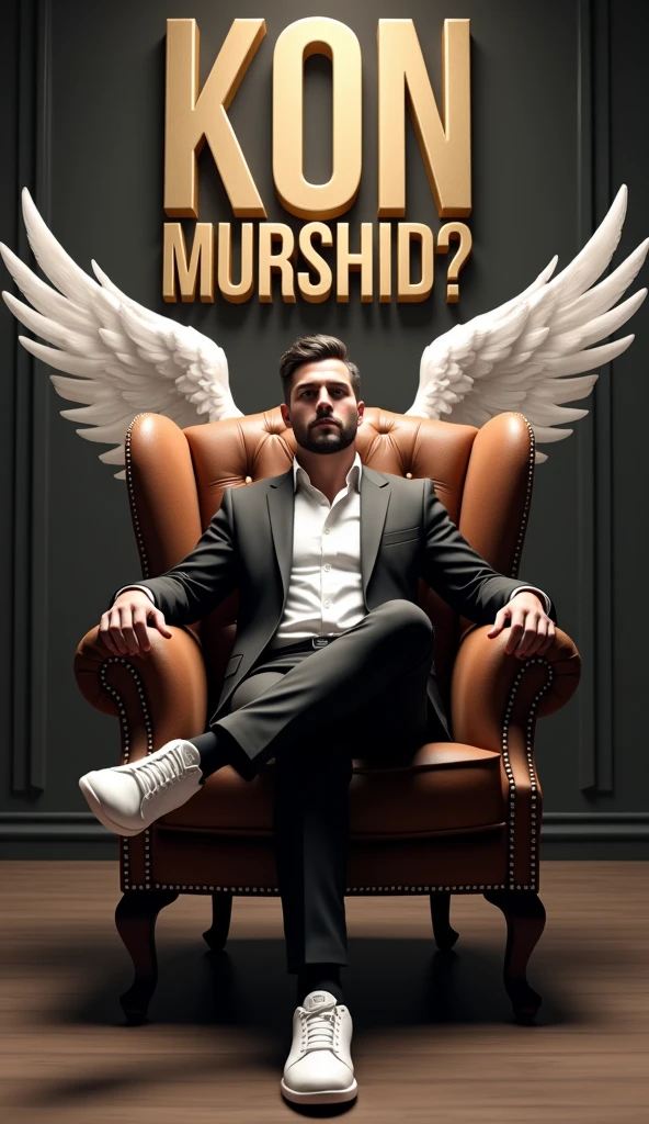 Create a 3D illustration for a profile picture where a 38 year old “Man”,With a Black suit, casually on a wings back chair, wearing sneakers a white,, the background features “Kon Murshid ?” in big and capital letters Boss Style font on the back wall, there should not be his shadow and there are wings to make it appear as if he is angel. full ultra realisitic qulaity