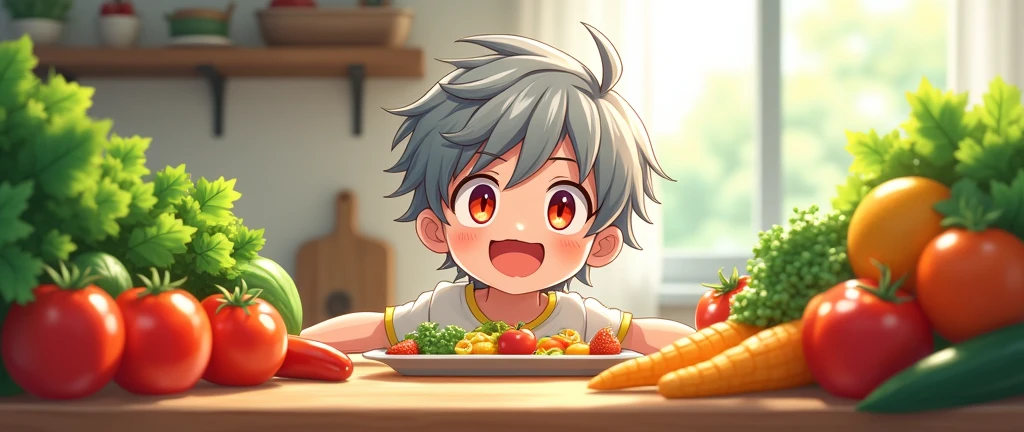 an image that represents what it is "healthy meal plan" with a boy with grey hair and red eyes, in 2d anime with vegetables and fruits