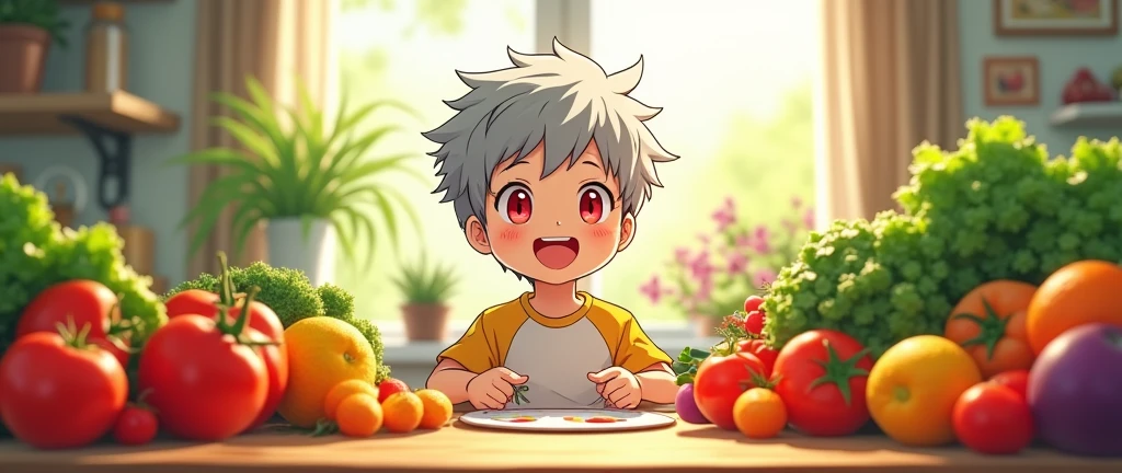 an image that represents what it is "healthy meal plan" with a boy with grey hair and red eyes, in 2d anime with vegetables and fruits