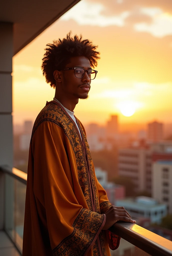 A boy with curly hair in kidase(ethiopian chant) wearing netela(ethiopian church cloth) long and handsome with glasses upstairs standing(colider  make hima alittle bit older like 18 or 19 from far look at a g+1