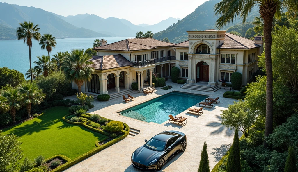luxury mansion with a luxuary car parked in front of it, green yard with trees, behind sea and mountains, luxury pool, luxury lifestyle, luxurious environment, luxury architecture, rich, huge mansion, rich style, luxury and elite, extremely opulent, luxurious, hyper luxurious, majestic masterpiece, wealthy, luxury, stunning grand architecture, exquisite masterpiece, flaunting his wealth, inside a grand, architectural masterpiece