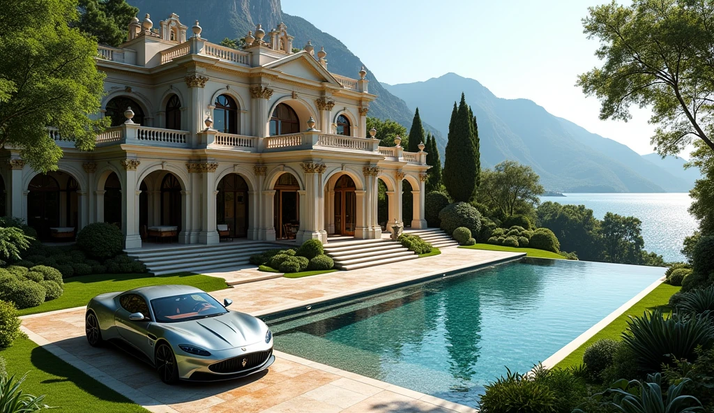 luxury mansion with a luxuary car parked in front of it, green yard with trees, behind sea and mountains, luxury pool, luxury lifestyle, luxurious environment, luxury architecture, rich, huge mansion, rich style, luxury and elite, extremely opulent, luxurious, hyper luxurious, majestic masterpiece, wealthy, luxury, stunning grand architecture, exquisite masterpiece, flaunting his wealth, inside a grand, architectural masterpiece