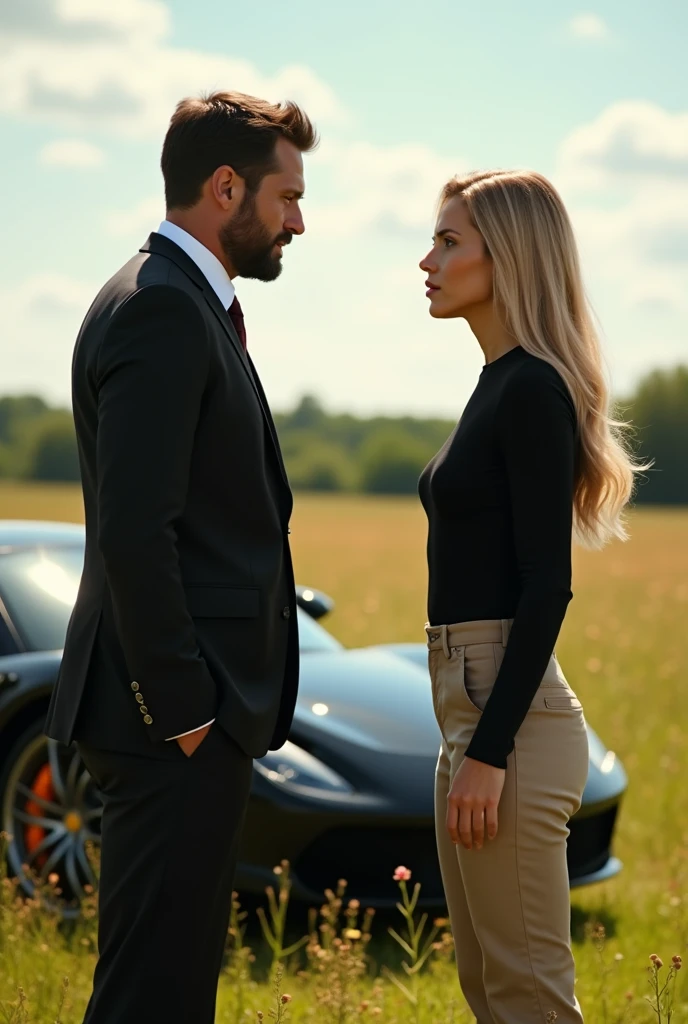 35 year old American man, bonitas, Cao Cao ,stark, in a suit, nun dress, BUSINESSMAN, well-cut brown hair, beard a little thin small size, well trimmed in gradient.

arguing with a 25 year old girl, blonde, cabelos longos bonitass, the young woman wears a black blouse and beige tailored pants.

They are in a field, in the background there is a black supercar parked.
The man yells at the woman, she looks at him defiantly