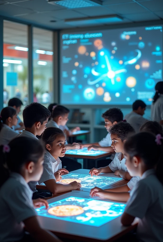 Indian students learning from holographic boards in modern schools