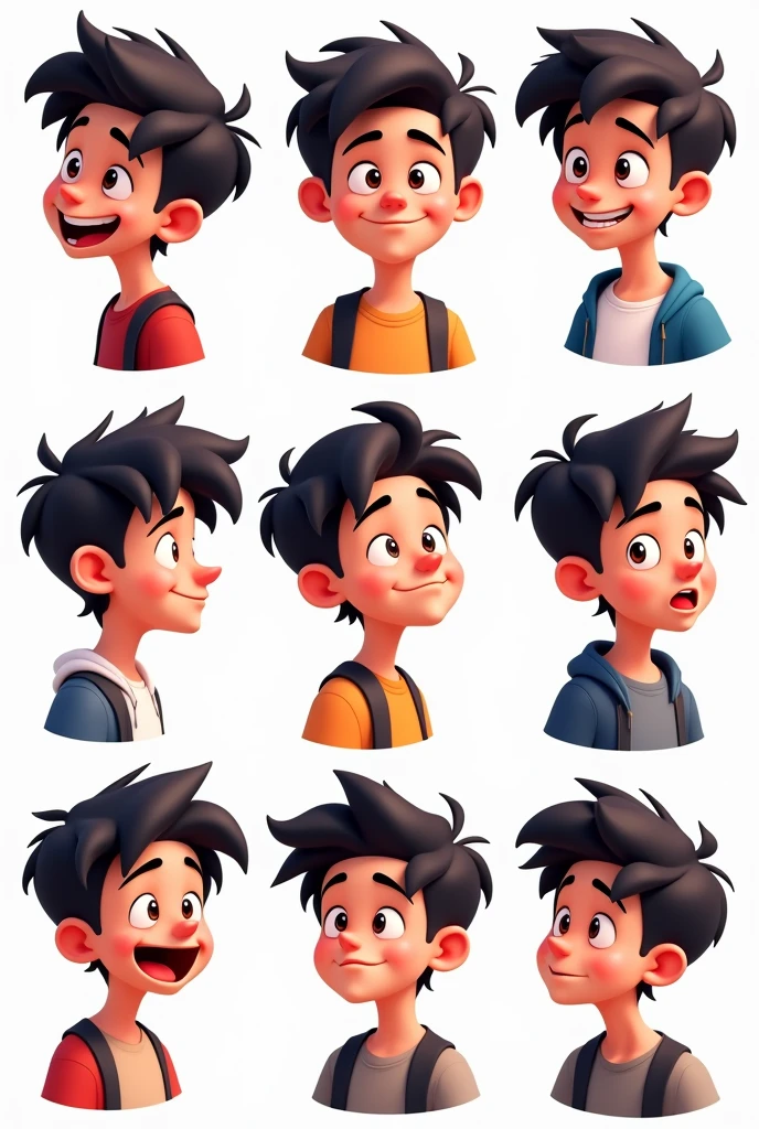 generates ten images of a 2d boy with no background with only half of his body and different expressions and poses