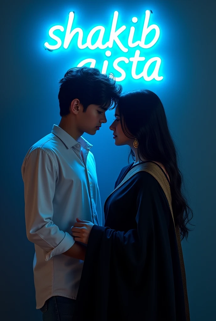 Create a 3d illustration picture where a young handsome boy and beautiful girl (around 20 years old). the boy kissing her lip and touching her navel. the boy wearing white shirt and girl wearing black saree. Behind him, a vibrant blue neon sign spells out "shakib saista" in a bold, futuristic font against a deep charcoal wall.