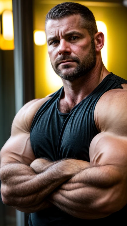 An award-winning original photo, A musclebear man, (40 years old daddy:1.1), 1 man, Solo, strongman, (wearing a black tanktop), (big shoulders), musculature, burly but strong physique, hairy, chubby and stocky, stubbles, Short beard, (Detailed body), (realistic eyes), looking at viewer, deadpan but cute, crossed arms, lighting, (Best quality, A high resolution, Photorealistic), Cinematic lighting, Masterpiece, RAW photo, Intricate details, hdr, depth of field, (upper body shot), (realistic:1.4), from the front, portrait