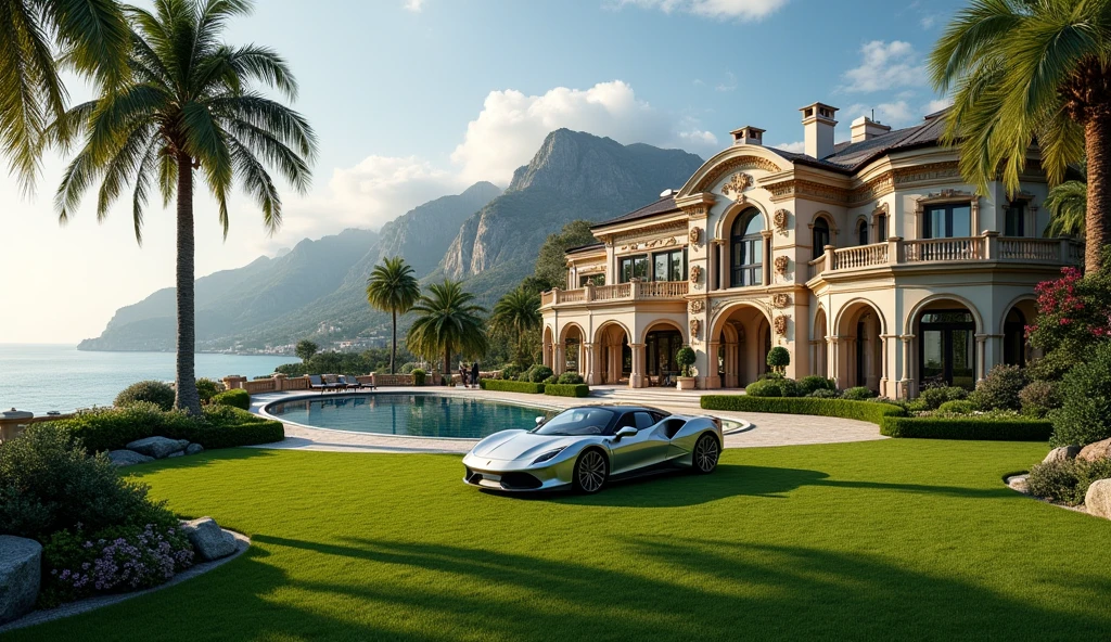 luxury mansion with a luxuary car parked in front of it, green yard with trees, behind sea and mountains, luxury pool, luxury lifestyle, luxurious environment, luxury architecture, rich, huge mansion, rich style, luxury and elite, extremely opulent, luxurious, hyper luxurious, majestic masterpiece, wealthy, luxury, stunning grand architecture, exquisite masterpiece, flaunting his wealth, inside a grand, architectural masterpiece