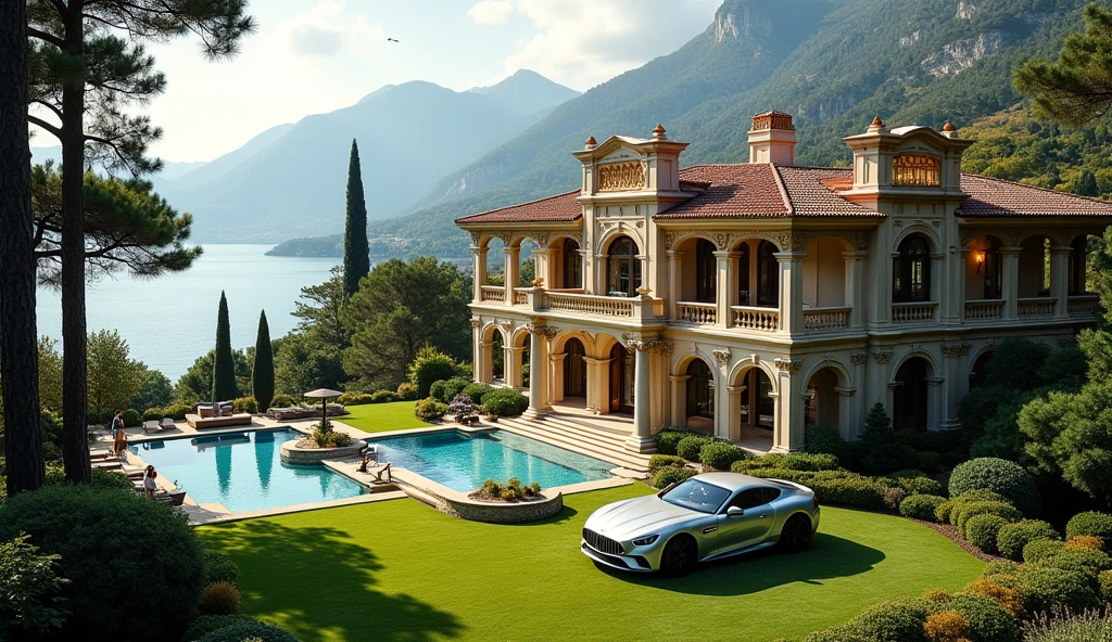 luxury mansion with a luxuary car parked in front of it, green yard with trees, behind sea and mountains, luxury pool, luxury lifestyle, luxurious environment, luxury architecture, rich, huge mansion, rich style, luxury and elite, extremely opulent, luxurious, hyper luxurious, majestic masterpiece, wealthy, luxury, stunning grand architecture, exquisite masterpiece, flaunting his wealth, inside a grand, architectural masterpiece