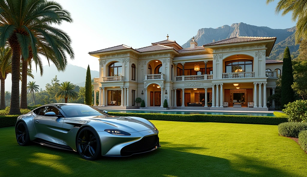 luxury mansion with a luxuary car parked in front of it, green yard with trees, behind sea and mountains, luxury pool, luxury lifestyle, luxurious environment, luxury architecture, rich, huge mansion, rich style, luxury and elite, extremely opulent, luxurious, hyper luxurious, majestic masterpiece, wealthy, luxury, stunning grand architecture, exquisite masterpiece, flaunting his wealth, inside a grand, architectural masterpiece